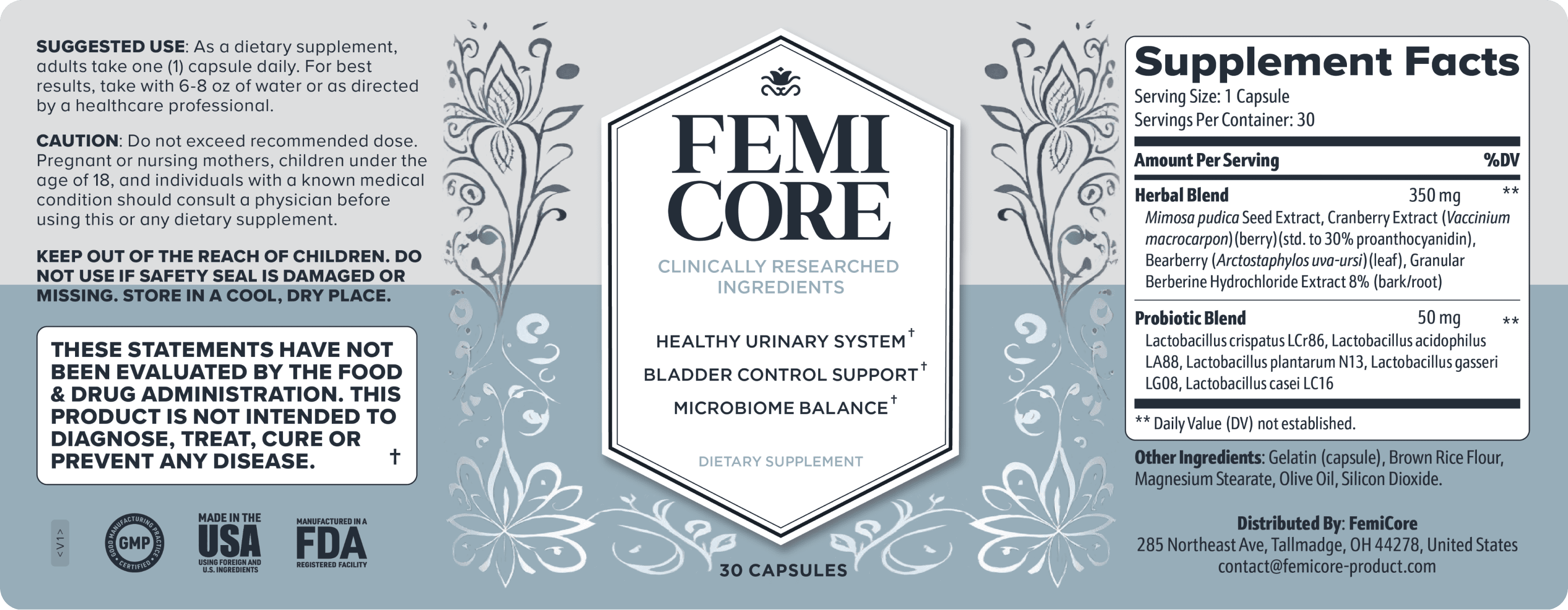 Femicore Ingredients Label